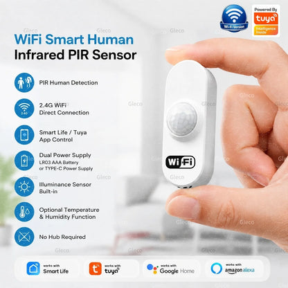 Purilite Select WiFi Smart PIR Motion Sensor with Light Detection, Optional Temperature and Humidity Monitoring, 2.4GHz Wireless Home Automation Sensor