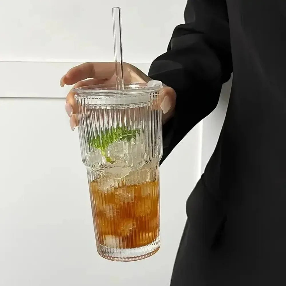 Purilite Select 600ml Stripe Glass Cup with Lid and Straw - PuriLite