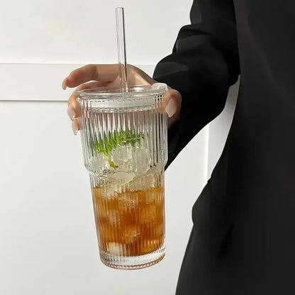 Purilite Select 600ml Stripe Glass Cup with Lid and Straw - PuriLite