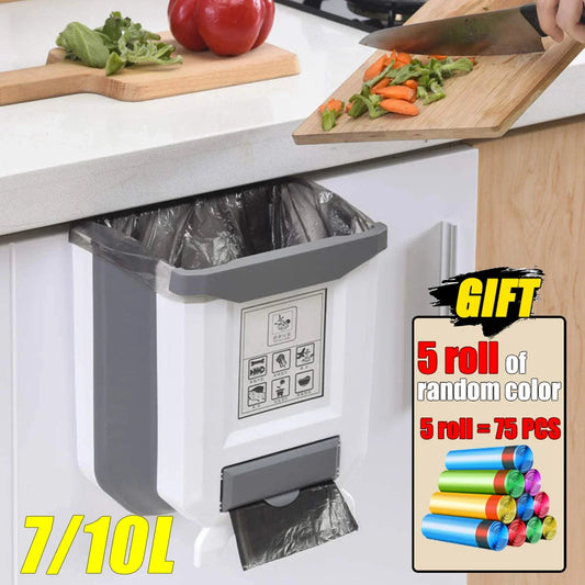 Purilite Select Collapsible Wall Mounted Trash Can - 7L/10L Slim Folding Waste Bin with Built-In Bag Holder for Kitchen and Bathroom - PuriLite