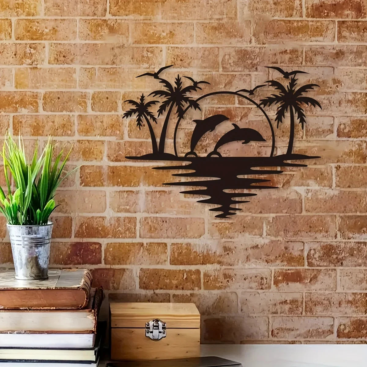 Purilite Select Creative Dolphin & Coconut Tree Beach Iron Wall Art | Indoor & Outdoor Metal Crafts Decoration for Living Room, Bedroom, Hallway, or Patio - PuriLite