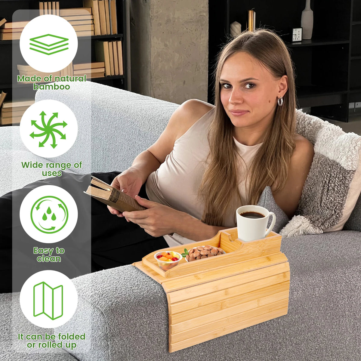 Purilite Select Couch Cup Holder | Bamboo Sofa Armrest Tray | Anti-Slip Foldable Side Table | Multifunctional Sofa Organizer | Living Room Accessory - PuriLite