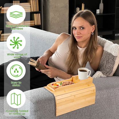 Purilite Select Couch Cup Holder | Bamboo Sofa Armrest Tray | Anti-Slip Foldable Side Table | Multifunctional Sofa Organizer | Living Room Accessory - PuriLite