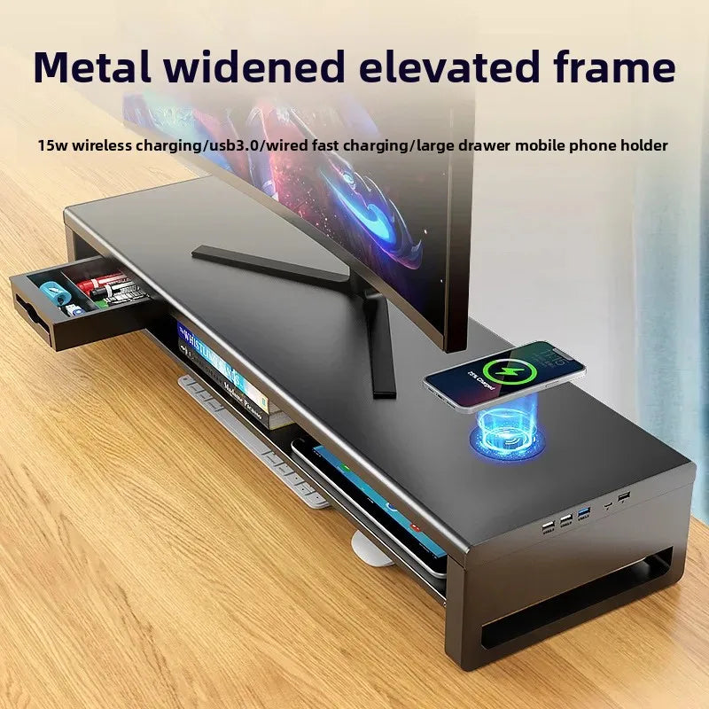🖥️ Purilite Select™ Metal Monitor Riser with Dual-Layer Drawer & Wireless Charging - PuriLite