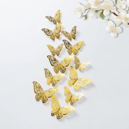 Purilite Select 12-Piece Gold Hollow Butterfly Wall Sticker Set – 3D Decorative Butterflies for Home, Wedding, and Garden Décor - PuriLite
