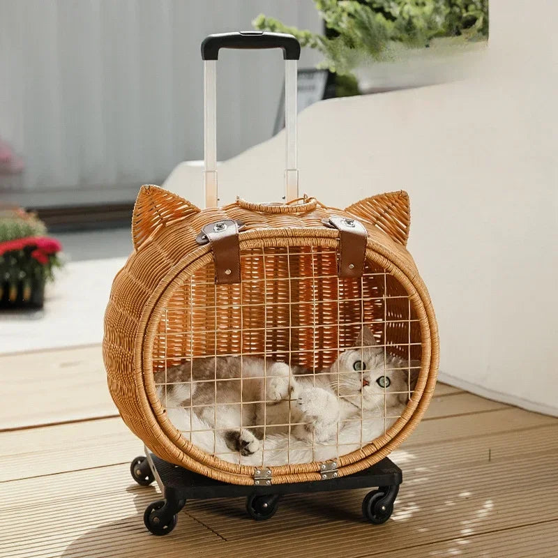 Breathable Cat Bag, Portable Pet Crate, Dog Tote Bag with Trolley, Handwoven Cat Cage, Lightweight Pet Luggage, Vintage Style - PuriLite