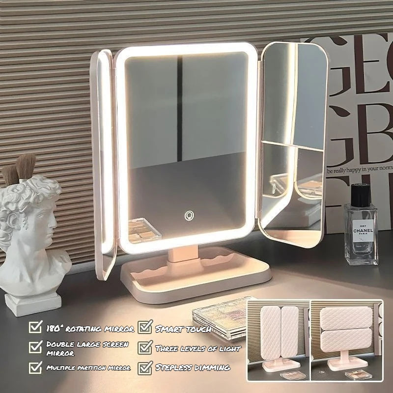 Purilite Select Dual Door 3-Fold Makeup Mirror – Touch Control Vanity Mirror with LED Lights – 360° Rotatable LED Makeup Mirror with 3 Light Modes - PuriLite