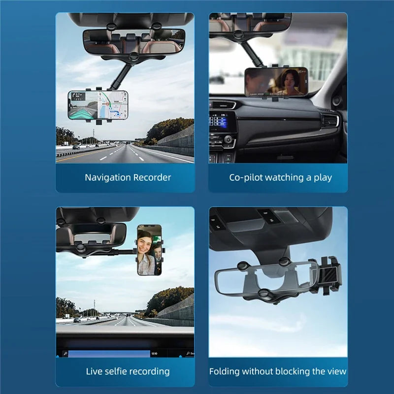 Purilite Select 360° Car Rearview Mirror Phone Holder – Adjustable Telescopic Vehicle Mount for Navigation, Hands-Free Viewing and GPS Support