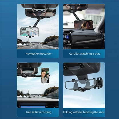 Purilite Select 360° Car Rearview Mirror Phone Holder – Adjustable Telescopic Vehicle Mount for Navigation, Hands-Free Viewing and GPS Support