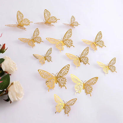 Purilite Select 12-Piece Gold Hollow Butterfly Wall Sticker Set – 3D Decorative Butterflies for Home, Wedding, and Garden Décor - PuriLite