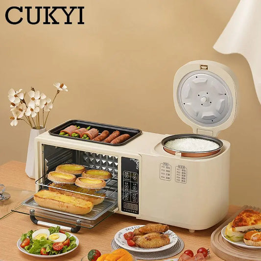 3 In 1 Electric Breakfast Machine Multifunction 1L Rice Cooker 8L Bake Oven Frying Pan Household Bread Pizza Oven Noodles Boiler - PuriLite