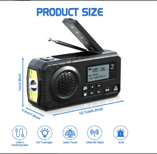 DAB+ Portable Hand Crank Radio Emergency Radio Solar  Emergency Radio with BT FM SOS Alarm 5000 mAh  Power Bank and reading lamp - PuriLite