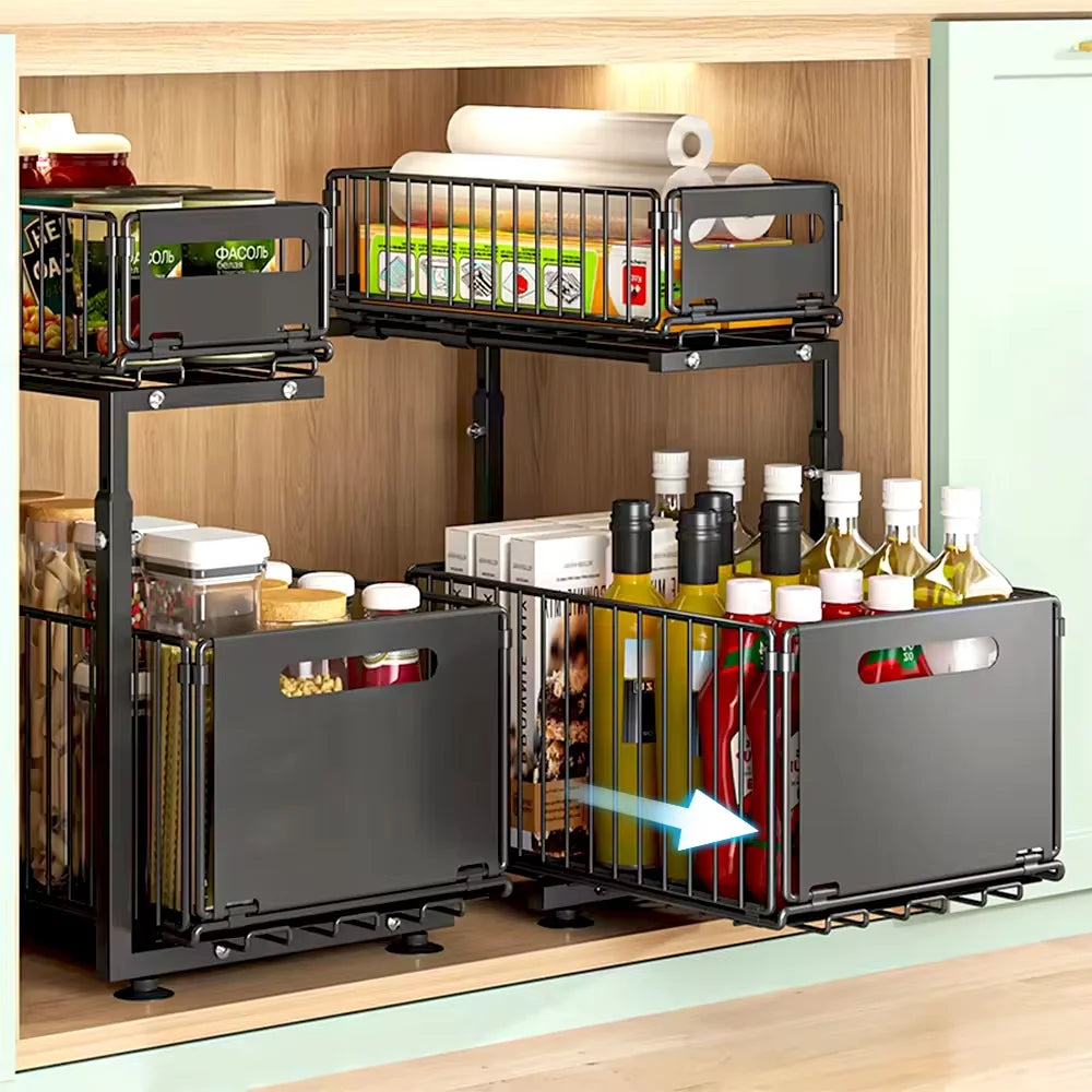 Purilite Select 2 Tier Pull Out Cabinet Organizer - Adjustable Under Sink Kitchen Storage Rack with Slide Out Drawers - PuriLite