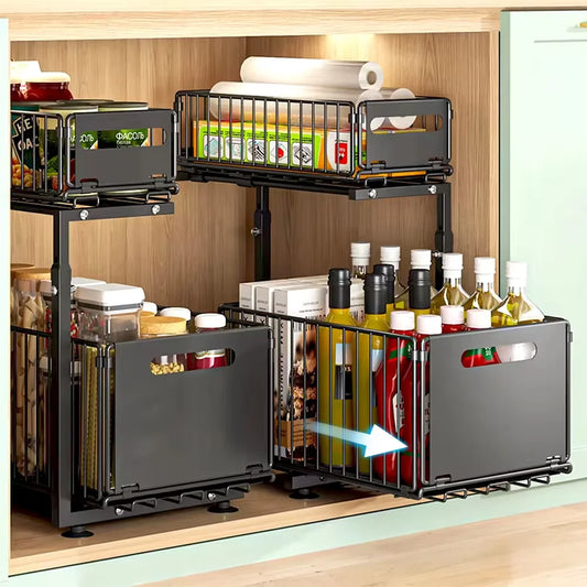 Purilite Select 2 Tier Pull Out Cabinet Organizer - Adjustable Under Sink Kitchen Storage Rack with Slide Out Drawers - PuriLite