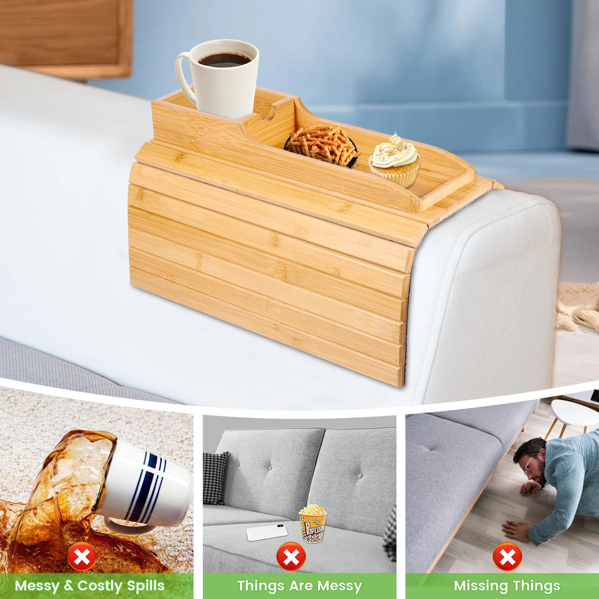 Purilite Select Couch Cup Holder | Bamboo Sofa Armrest Tray | Anti-Slip Foldable Side Table | Multifunctional Sofa Organizer | Living Room Accessory - PuriLite