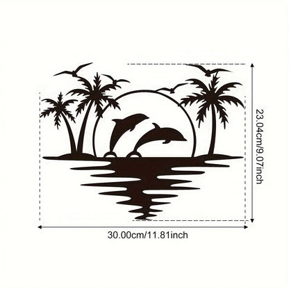 Purilite Select Creative Dolphin & Coconut Tree Beach Iron Wall Art | Indoor & Outdoor Metal Crafts Decoration for Living Room, Bedroom, Hallway, or Patio - PuriLite