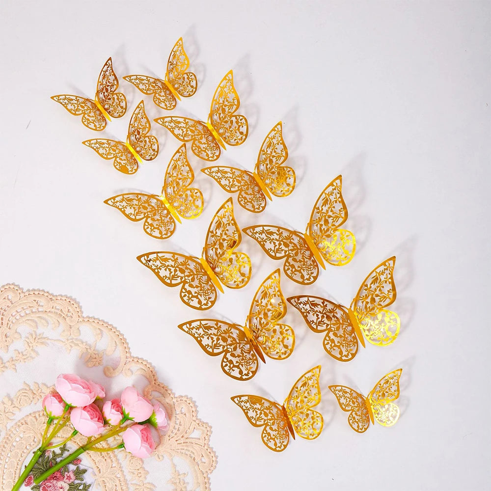 Purilite Select 12-Piece Gold Hollow Butterfly Wall Sticker Set – 3D Decorative Butterflies for Home, Wedding, and Garden Décor - PuriLite
