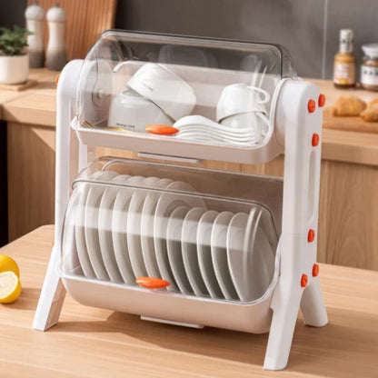 Purilite Select Double-Layer Tableware Storage Rack – Kitchen Bowl and Plate Organizer with Lid, Draining Dish Rack for Household Cupboards - PuriLite
