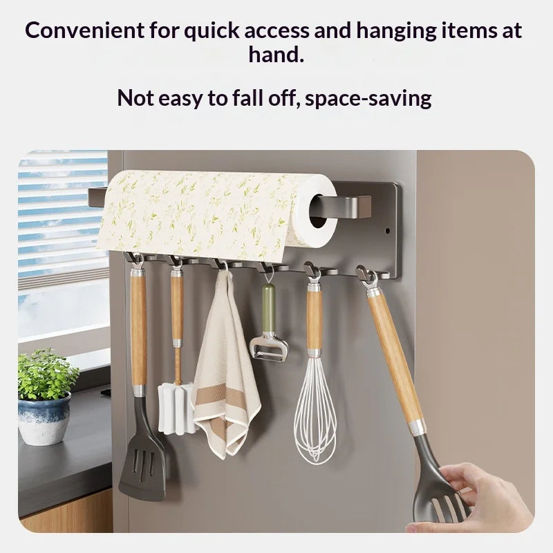 Purilite Select Magnetic Paper Towel Holder with 6 Hooks No Drill Refrigerator Organizer Kitchen Roll Rack for Utensils Towels and Accessories