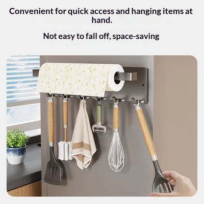 Purilite Select Magnetic Paper Towel Holder with 6 Hooks No Drill Refrigerator Organizer Kitchen Roll Rack for Utensils Towels and Accessories