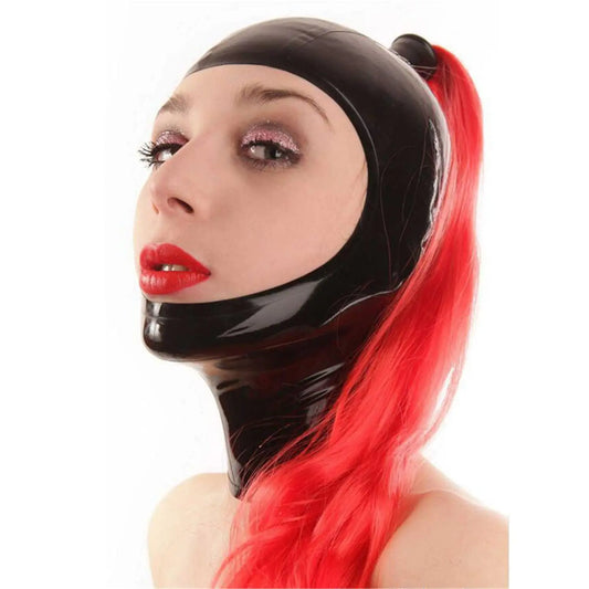 Purilite Select Latex Hood with Red Ponytail Open Face Rubber Mask with Back Zipper - PuriLite