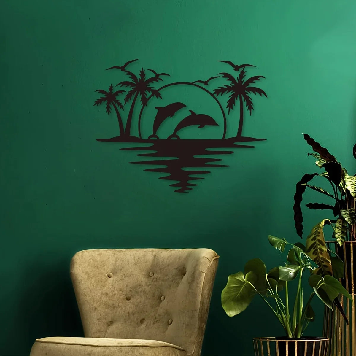 Purilite Select Creative Dolphin & Coconut Tree Beach Iron Wall Art | Indoor & Outdoor Metal Crafts Decoration for Living Room, Bedroom, Hallway, or Patio - PuriLite