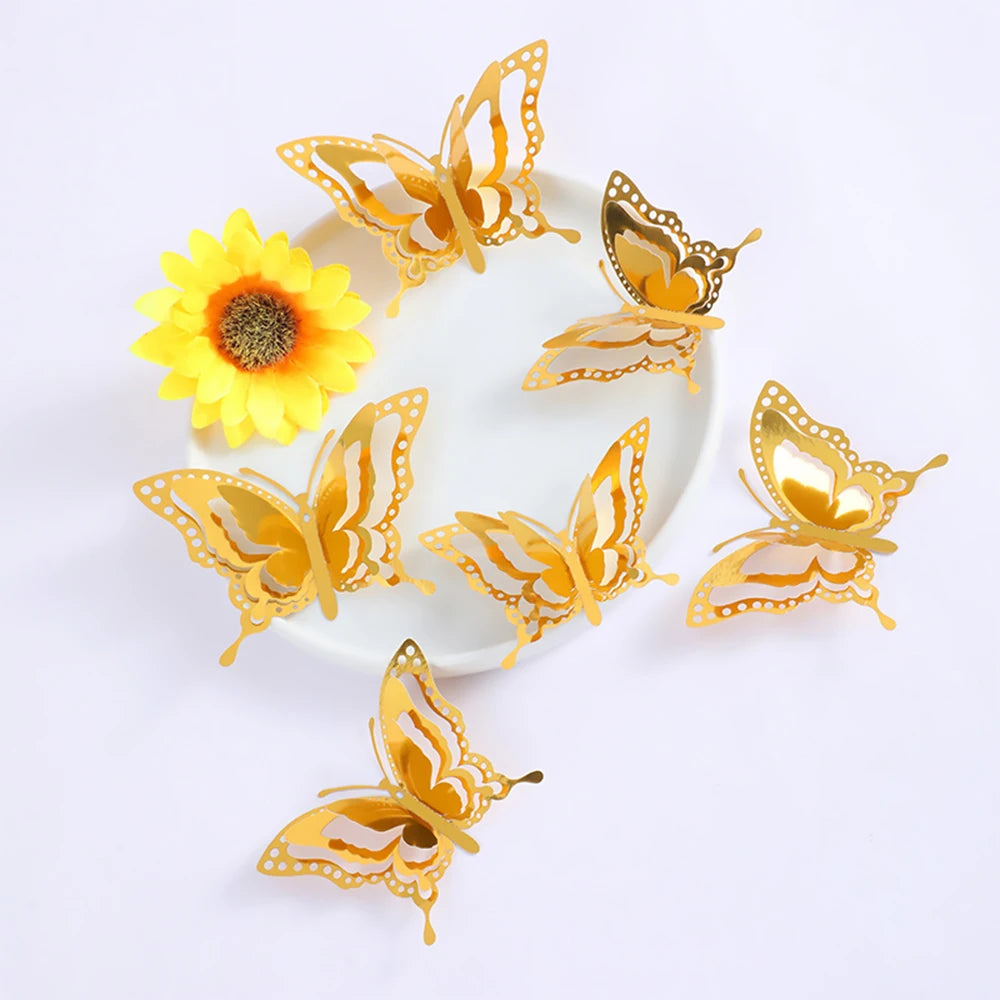 Purilite Select 12-Piece Gold Hollow Butterfly Wall Sticker Set – 3D Decorative Butterflies for Home, Wedding, and Garden Décor - PuriLite