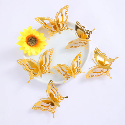 Purilite Select 12-Piece Gold Hollow Butterfly Wall Sticker Set – 3D Decorative Butterflies for Home, Wedding, and Garden Décor - PuriLite