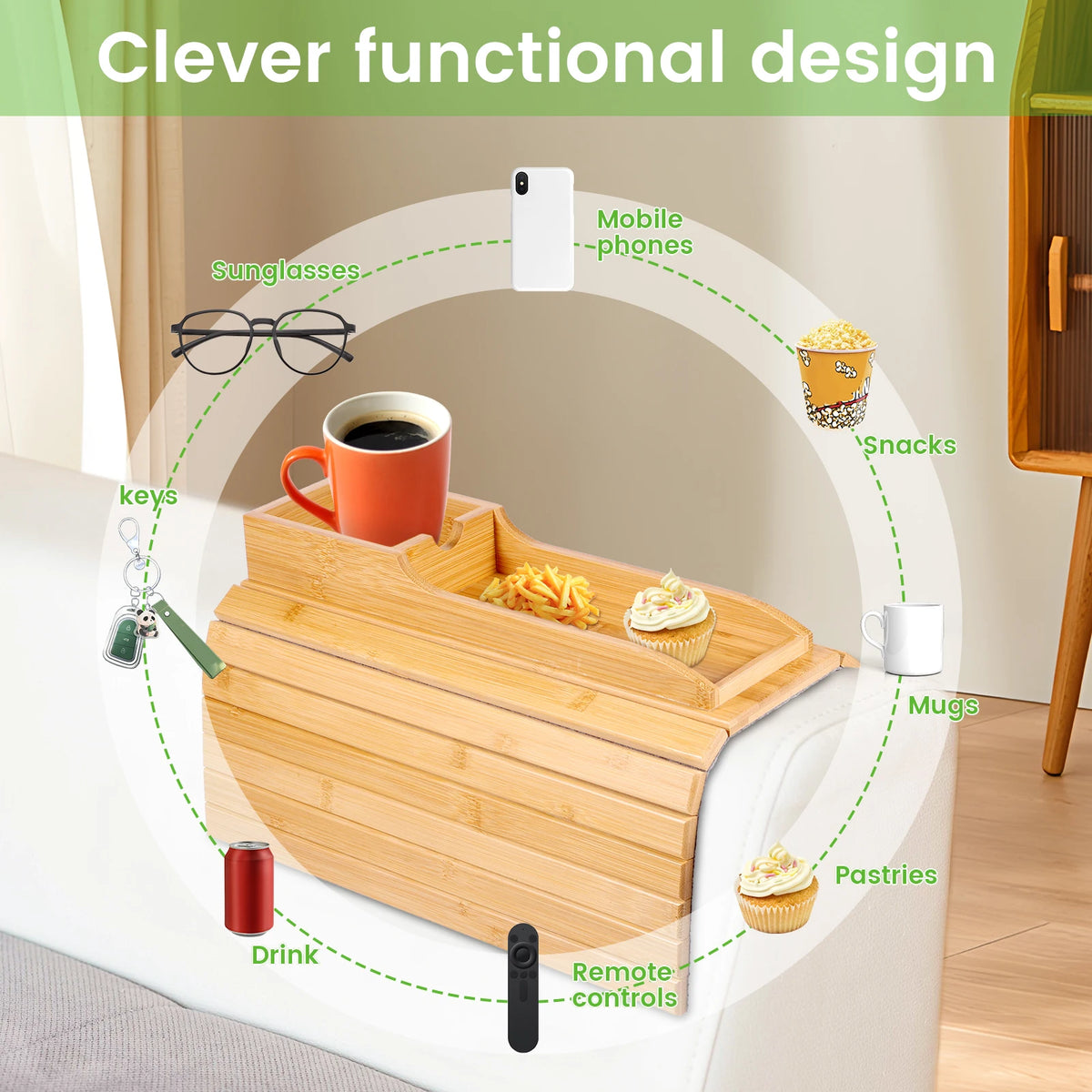 Purilite Select Couch Cup Holder | Bamboo Sofa Armrest Tray | Anti-Slip Foldable Side Table | Multifunctional Sofa Organizer | Living Room Accessory - PuriLite