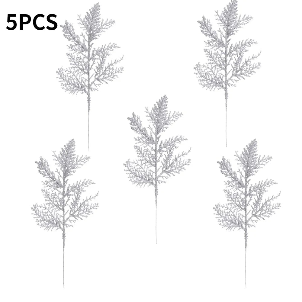 Purilite Select 5Pcs Glitter Artificial Pine Branches – Christmas Gold Leaves Ornament Set | Sparkling Xmas Tree & Home Decoration - PuriLite