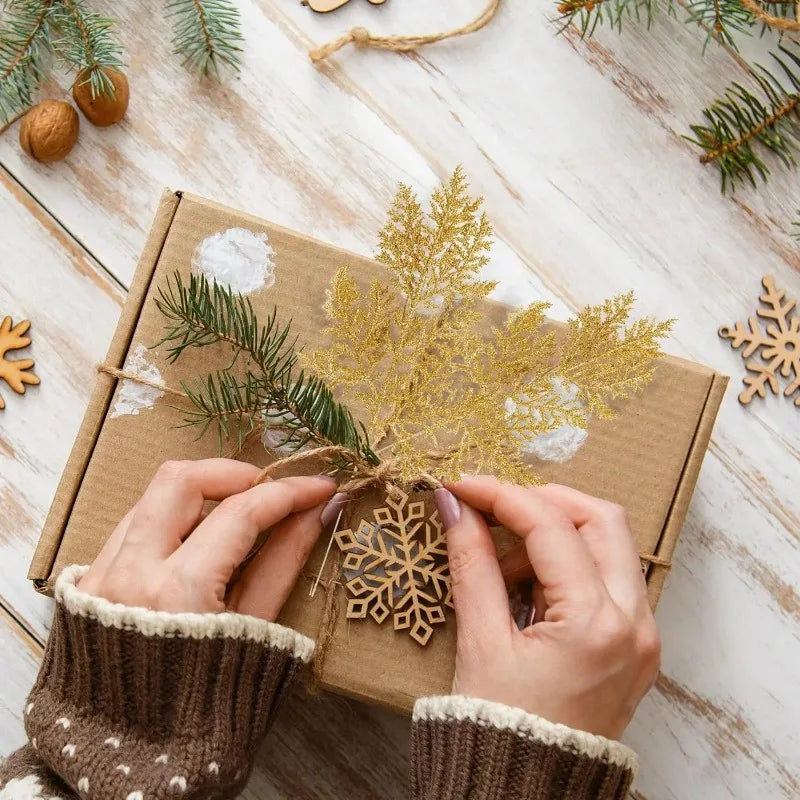 Purilite Select 5Pcs Glitter Artificial Pine Branches – Christmas Gold Leaves Ornament Set | Sparkling Xmas Tree & Home Decoration - PuriLite