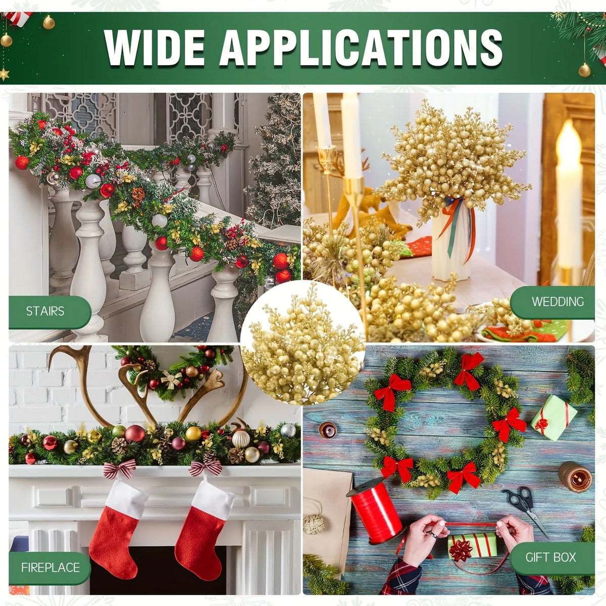 Purilite Select Glitter Artificial Flower & Berry Bouquet – 8/15 Pcs Christmas Decoration Set | Festive Xmas Tree Ornaments & Home Décor Accessory for New Year 2025 - PuriLite