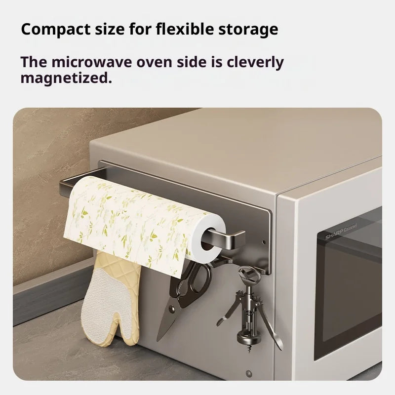 Purilite Select Magnetic Paper Towel Holder with 6 Hooks No Drill Refrigerator Organizer Kitchen Roll Rack for Utensils Towels and Accessories