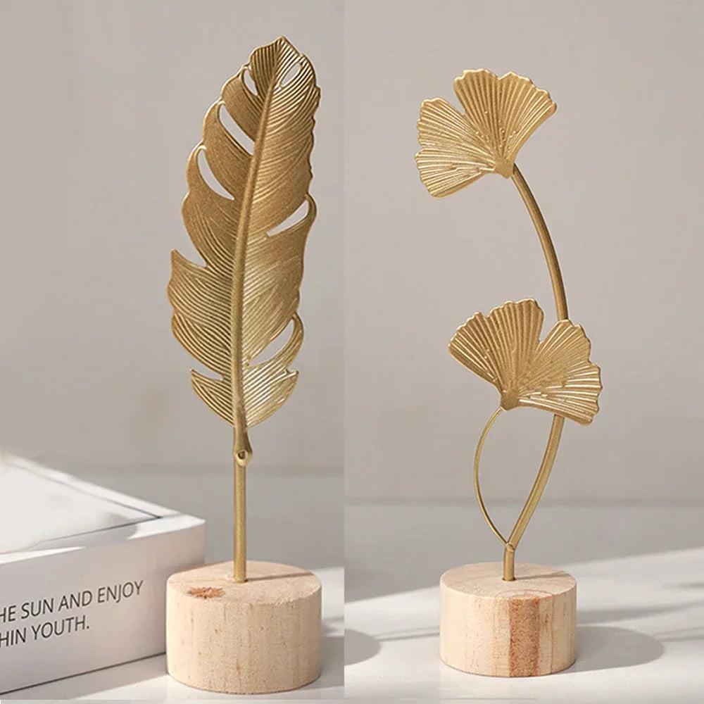 Purilite Select Golden Ginkgo Leaf & Feather Metal Figurine – Modern Desktop Sculpture | Home Decor & Photo Prop - PuriLite