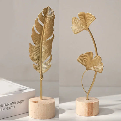 Purilite Select Golden Ginkgo Leaf & Feather Metal Figurine – Modern Desktop Sculpture | Home Decor & Photo Prop - PuriLite