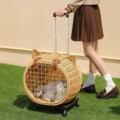 Breathable Cat Bag, Portable Pet Crate, Dog Tote Bag with Trolley, Handwoven Cat Cage, Lightweight Pet Luggage, Vintage Style - PuriLite
