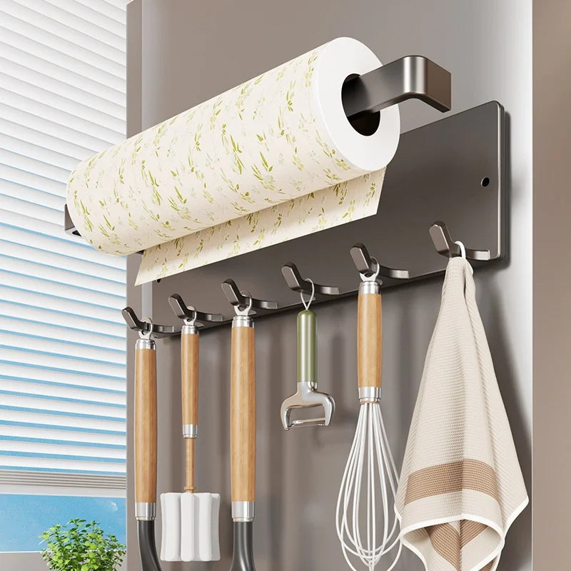 Purilite Select Magnetic Paper Towel Holder with 6 Hooks No Drill Refrigerator Organizer Kitchen Roll Rack for Utensils Towels and Accessories