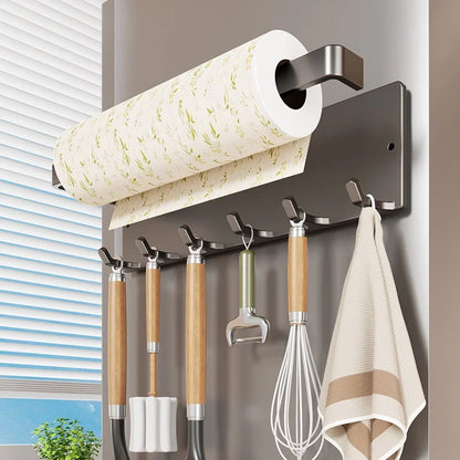 Purilite Select Magnetic Paper Towel Holder with 6 Hooks No Drill Refrigerator Organizer Kitchen Roll Rack for Utensils Towels and Accessories