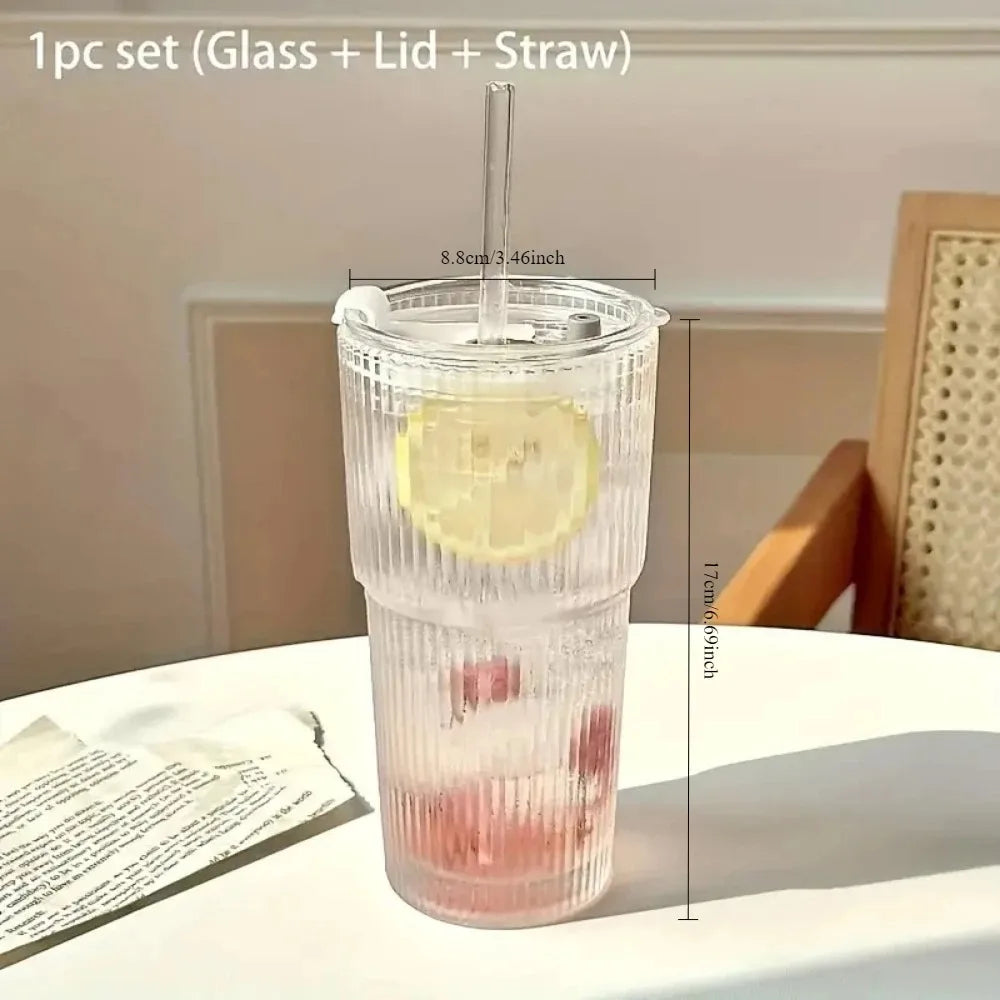 Purilite Select 600ml Stripe Glass Cup with Lid and Straw - PuriLite