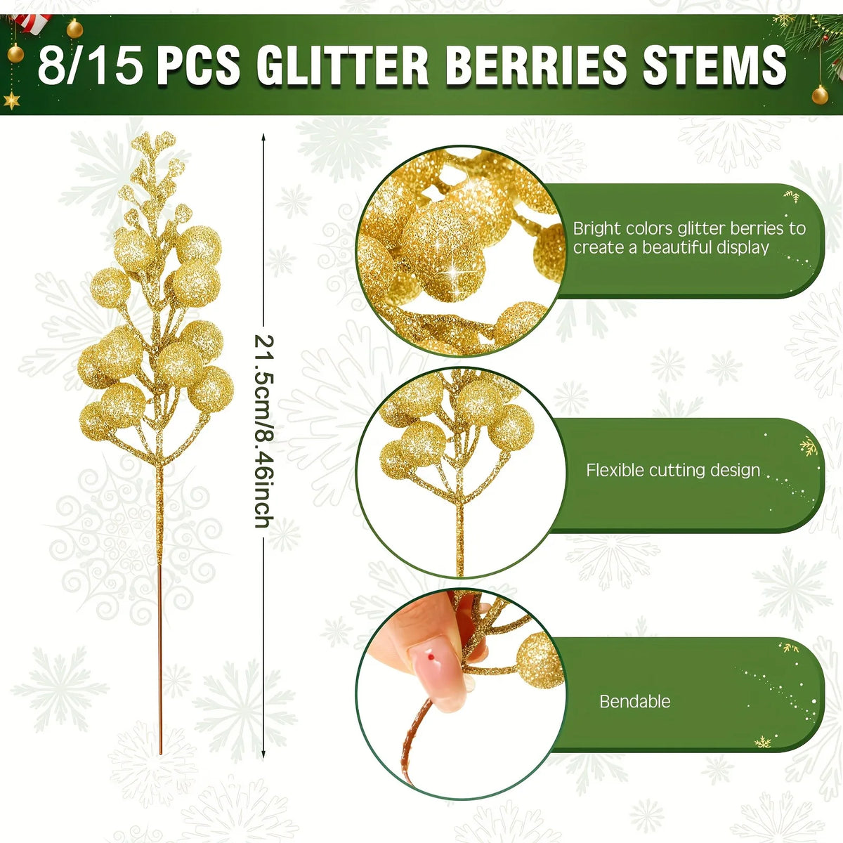 Purilite Select Glitter Artificial Flower & Berry Bouquet – 8/15 Pcs Christmas Decoration Set | Festive Xmas Tree Ornaments & Home Décor Accessory for New Year 2025 - PuriLite