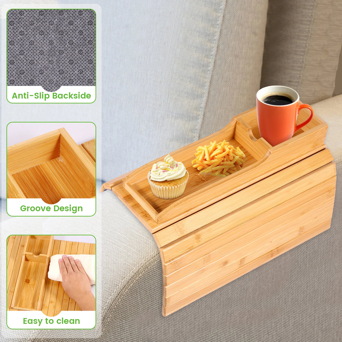 Purilite Select Couch Cup Holder | Bamboo Sofa Armrest Tray | Anti-Slip Foldable Side Table | Multifunctional Sofa Organizer | Living Room Accessory - PuriLite