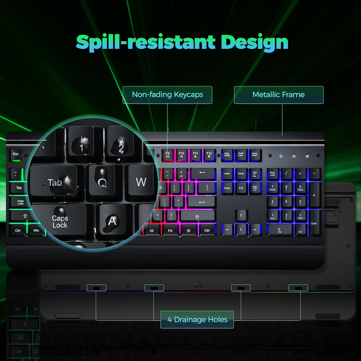 Gaming Keyboard | 104-Key Rainbow LED Backlit USB Wired Keyboard | Metal Panel | Wrist Rest | Waterproof | Anti-Ghosting | Black