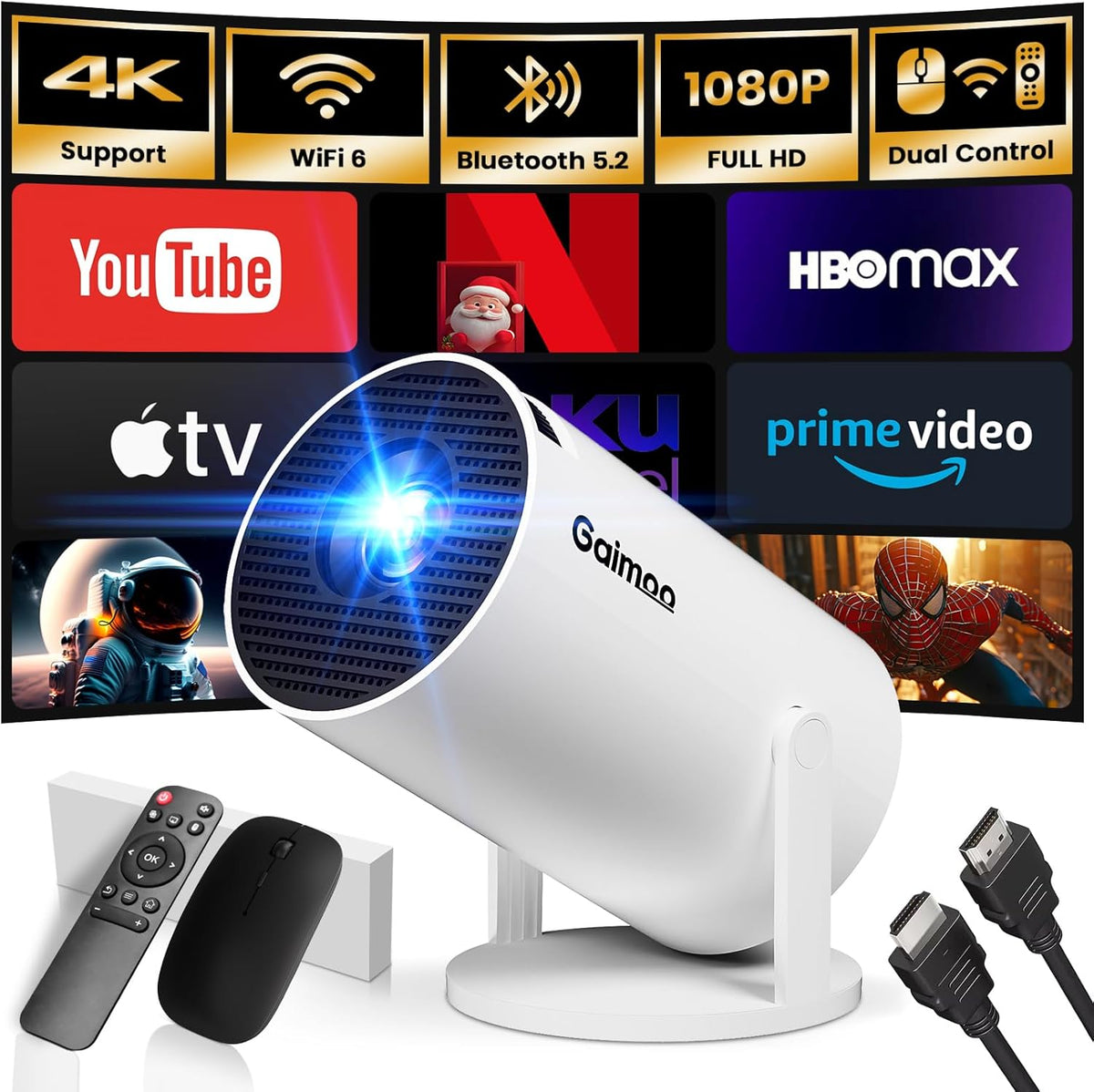 [Built-in App] Mini Projector 2025 Upgraded 1080P 4K Support Portable Projector Dual Control WiFi 6 BT5.2 180° Keystone HDMI/TV Stick/Smartphone/USB/PS5/Laptop with HDMI Cable & Mouse-White - PuriLite