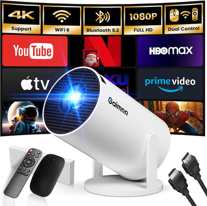 [Built-in App] Mini Projector 2025 Upgraded 1080P 4K Support Portable Projector Dual Control WiFi 6 BT5.2 180° Keystone HDMI/TV Stick/Smartphone/USB/PS5/Laptop with HDMI Cable & Mouse-White - PuriLite