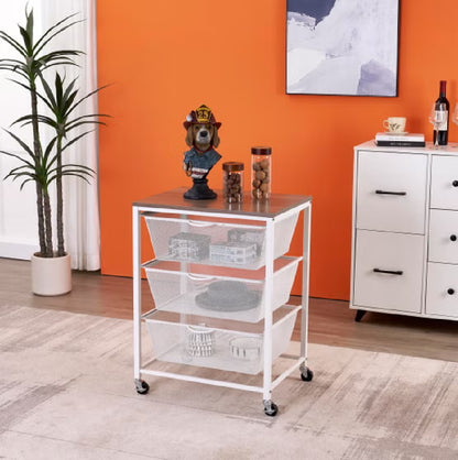 Edifice 3-Tier Rolling Mesh Storage Cart | White Organizer with Pull-Out Drawers and Wood-Finish Top