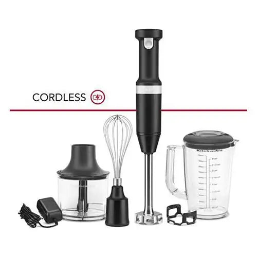 KitchenAid Cordless Variable Speed Hand Blender w/ Chopper + Whisk Attachement - Black Matte (KHBBV83BM) - PuriLite