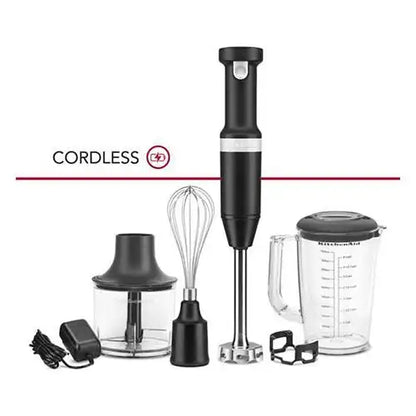 KitchenAid Cordless Variable Speed Hand Blender w/ Chopper + Whisk Attachement - Black Matte (KHBBV83BM) - PuriLite