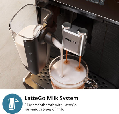 Philips 2300 Series Fully Automatic Espresso Machine - 4 Beverages, Colour touch screen display, LatteGo milk system, SilentBrew, 100% Ceramic Grinder, AquaClean Filter. Matte Black (EP2330/10) - PuriLite