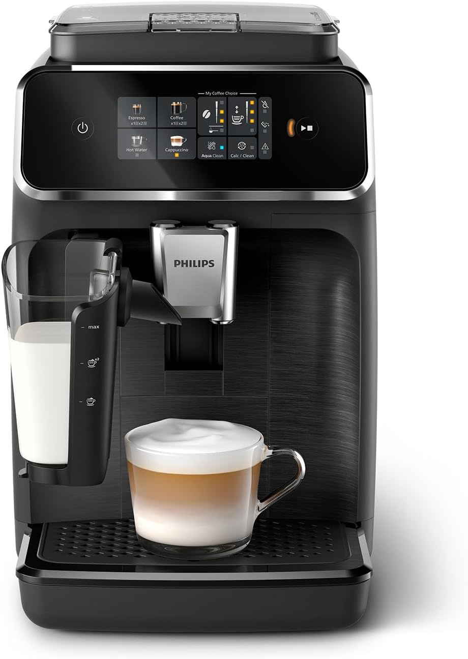 Philips 2300 Series Fully Automatic Espresso Machine - 4 Beverages, Colour touch screen display, LatteGo milk system, SilentBrew, 100% Ceramic Grinder, AquaClean Filter. Matte Black (EP2330/10) - PuriLite