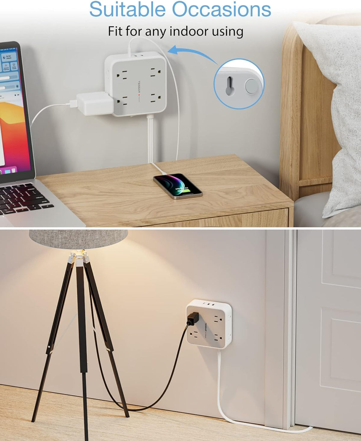 Flat Plug Power Bar with USB C, TESSAN 5 Ft Extension Cord Indoor with 8 Multi Outlets and 3 USB (1 USB C), Surge Protector Power Strip, Wall Mount Charging Station for Home Office Dorm, Gray - PuriLite